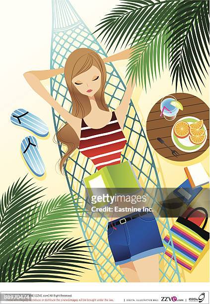 teenager girl relaxing on hammock - traumstrand stock-grafiken, -clipart, -cartoons und -symbole