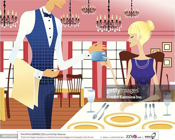 woman handing credit card to waiter - restaurant-waiter-uniform stock illustrations