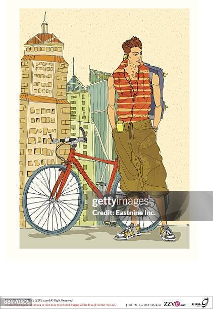 young man standing by bicycle - backpack city stock illustrations