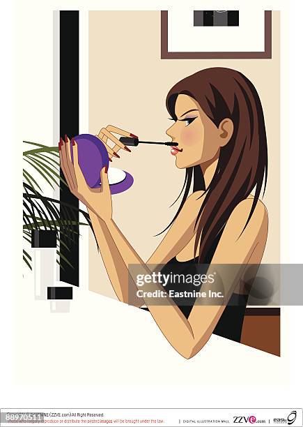 young woman looking at mirror applying mascara - applying mascara stock illustrations