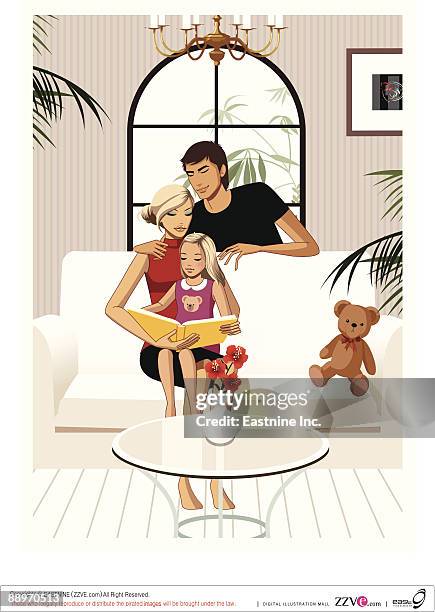 parents with daughter, reading book - couple couch stock illustrations