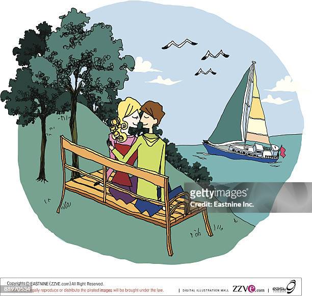 man and woman sitting on bench by sea - romantic couple back stock illustrations