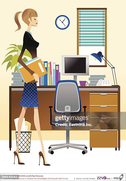 ilustrações de stock, clip art, desenhos animados e ícones de profile of businesswoman carrying files at office - business woman desk stand