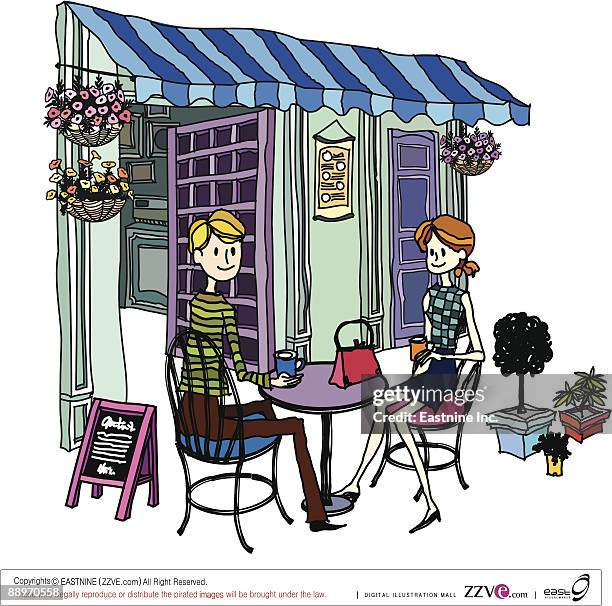 couple sitting in restaurant - table side view stock illustrations