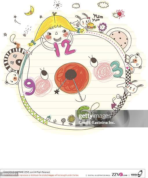 girl playing with clock - hour hand stock illustrations