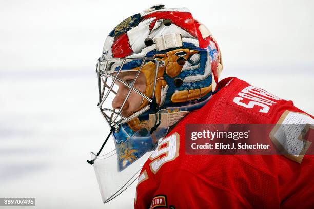 Goaltender Harri Säteri of the Florida Panthers stretches on the ice prior to the start of the game against the Winnipeg Jets at the BB&T Center on...