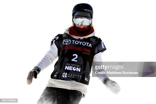 Jamie Anderson of the United States competes in the FIS World Cup 2018 Ladies Snowboard Big Air final during the Toyota U.S. Grand Prix on December...
