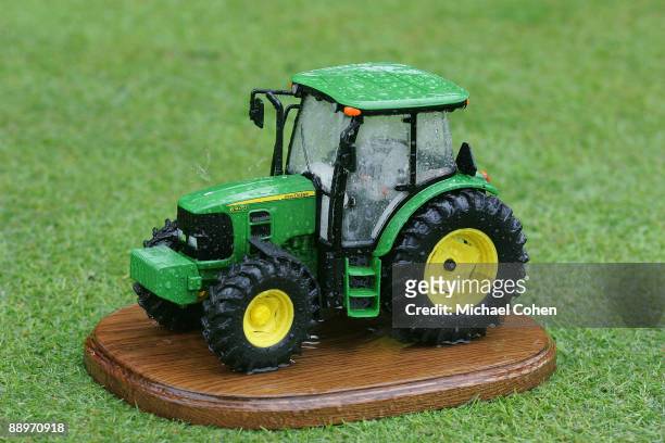 Tee marker reflects conditions as storms cause the suspension of play during the second round of the John Deere Classic at TPC Deere Run held on July...
