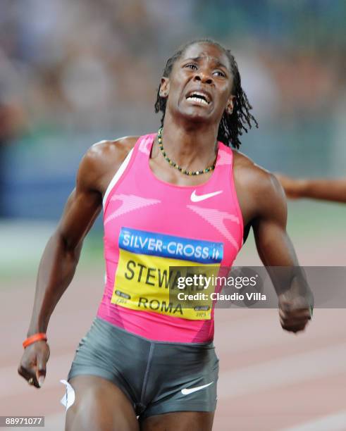 Kerron Stewart of Jamaica celebrates winning the women's 100 metres during the IAAF Golden League Golden Gala track and field event held at the...