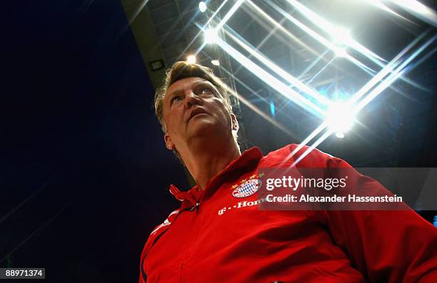 Louis van Gaal, head coach of Muenchen looks on prior to the pre-season friendly match between Red Bull Salzburg and FC Bayern Muenchen at the Red...