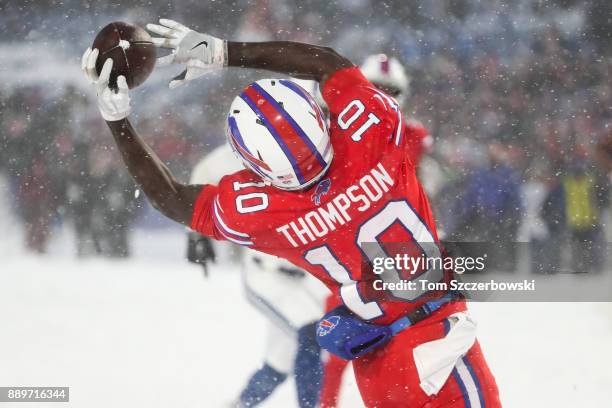 Deonte Thompson of the Buffalo Bills attempts to catch a ball during overtime against the Indianapolis Colts on December 10, 2017 at New Era Field in...