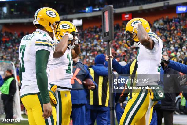 Davante Adams of the Green Bay Packers celebrates scoring the game-tying touchdown in the fourth quarter against the Cleveland Browns at FirstEnergy...
