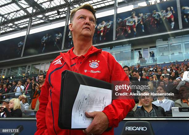 Louis van Gaal, head coach of Muenchen looks on prior to the pre-season friendly match between Red Bull Salzburg and FC Bayern Muenchen at the Red...