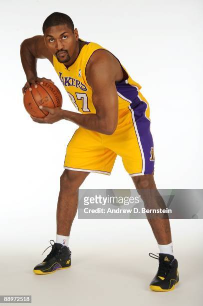 Ron Artest of the Los Angeles Lakers poses for a portrait after the press conference announcing his signing with the team on July 8, 2009 at the...