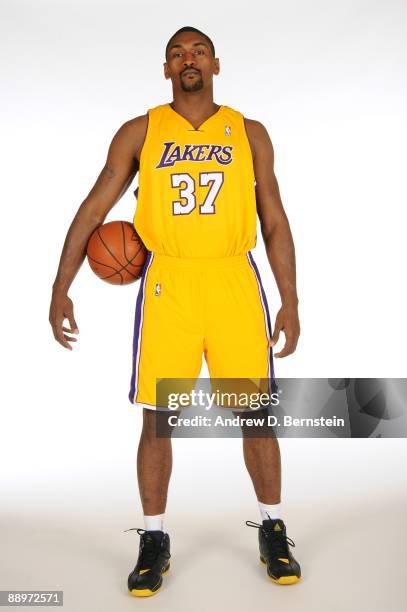 Ron Artest of the Los Angeles Lakers poses for a portrait after the press conference announcing his signing with the team on July 8, 2009 at the...