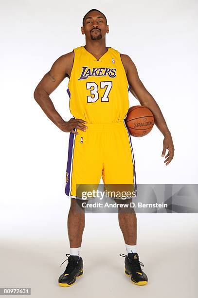 Ron Artest of the Los Angeles Lakers poses for a portrait after the press conference announcing his signing with the team on July 8, 2009 at the...