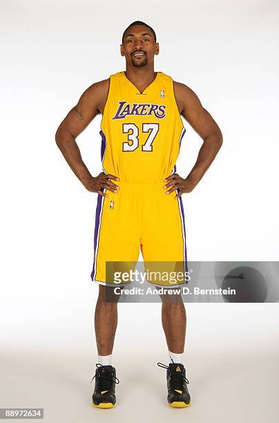 Ron Artest of the Los Angeles Lakers poses for a portrait after the press conference announcing his signing with the team on July 8, 2009 at the...