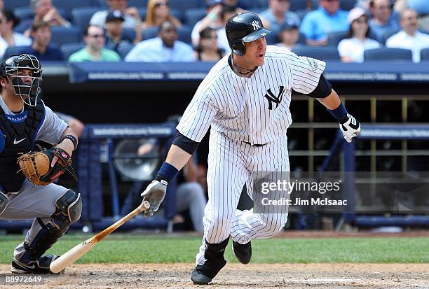 Eric Hinske of the New York Yankees bats against the Toronto Blue Jays on July 6, 2009 at Yankee Stadium in the Bronx borough of New York City. The...