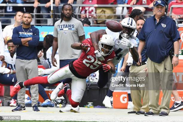 Tramon Williams of the Arizona Cardinals blocks a pass intended for Corey Davis of the Tennessee Titans in the first half of the NFL game at...