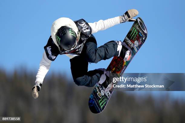 Jamie Anderson of the United States trains for the FIS World Cup 2018 Ladies Snowboard Big Air final during the Toyota U.S. Grand Prix on December...