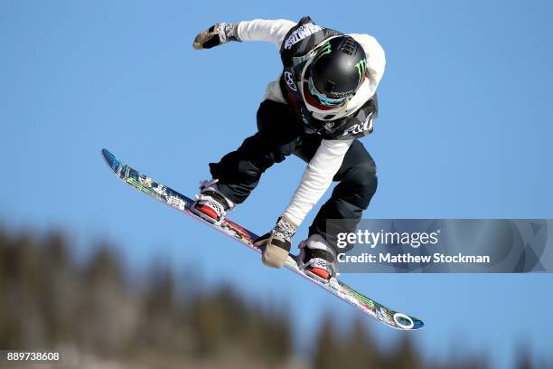 Jamie Anderson of the United States trains for the FIS World Cup 2018 Ladies Snowboard Big Air final during the Toyota U.S. Grand Prix on December...