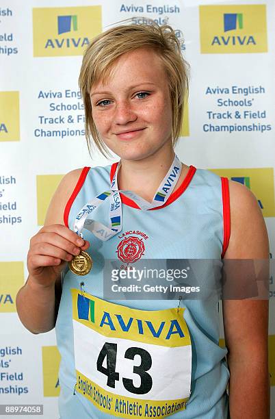 Lucy Chadwick of Lancashire who placed 1st in the Junior Girls Shot Put during the Aviva English Schools Track & Field Championships at Don Valley...