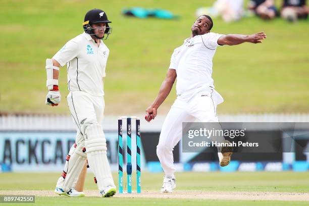 Shannon Gabriel of the West Indies bowls during day three of the Second Test Match between New Zealand and the West Indies at Seddon Park on December...