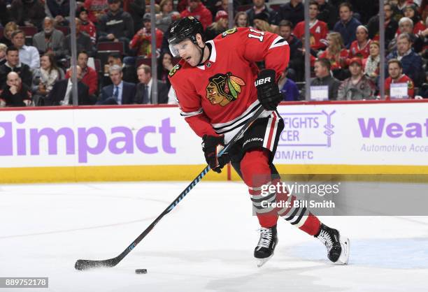 Cody Franson of the Chicago Blackhawks controls the puck in the second period against the Anaheim Ducks at the United Center on November 27, 2017 in...