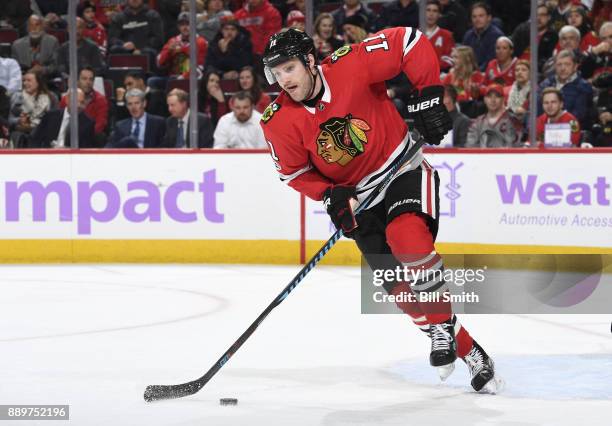 Cody Franson of the Chicago Blackhawks controls the puck in the second period against the Anaheim Ducks at the United Center on November 27, 2017 in...