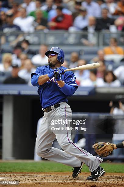 Nelson Cruz of the Texas Rangers bats during the the game against the New York Yankees at Yankee Stadium in the Bronx, New York on June 4, 2009. The...