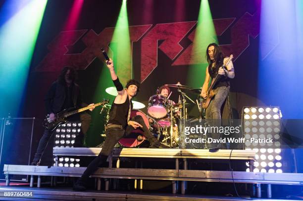 Gary Cherone,Nuno Bettencourt, Pat Badger and Kevin Figueiredo from Extreme perform at Le Bataclan on December 10, 2017 in Paris, France.