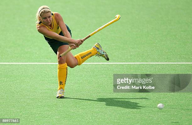Sarah O'Connor of the Hockeyroos passes the ball during the Women's Hockey Champions Trophy match between Germany and the Australian Hockeyroos at...