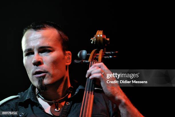 Paavo Lotjonen of Apocalyptica performs on stage on the first day of Rock Zottegem on July 10, 2009 in Zottegem, Belgium.