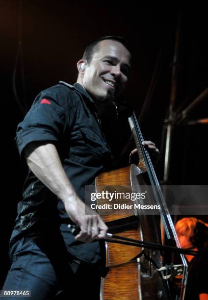 Paavo Lotjonen of Apocalyptica performs on stage on the first day of Rock Zottegem on July 10, 2009 in Zottegem, Belgium.