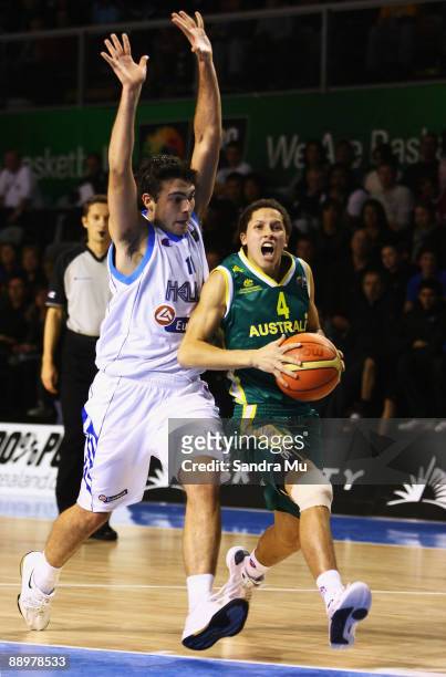 Kostas Sloukas of Greece and Jorden Page of Australia compete during the U19 Basketball World Championships Semi-Final match between Greece and...