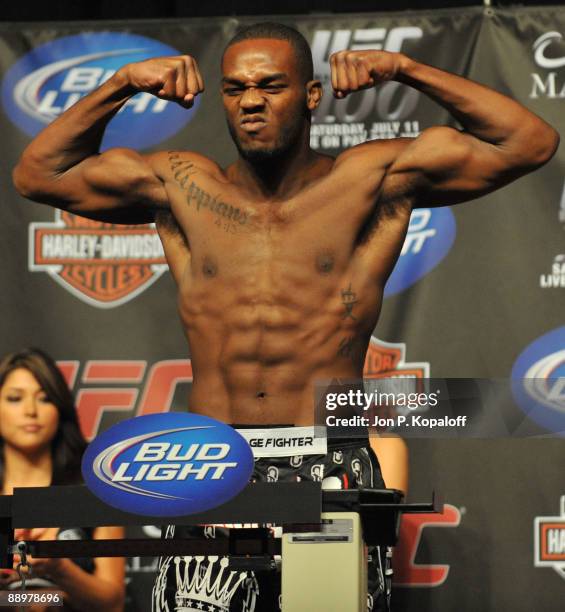 Light heavyweight fighter Jon Jones makes weight at UFC 100 Weigh-Ins at the Mandalay Bay Hotel and Casino on July 10, 2009 in Las Vegas, Nevada.