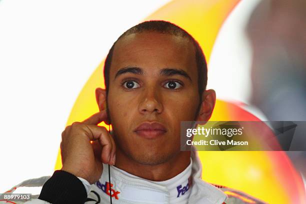 Lewis Hamilton of Great Britain and McLaren Mercedes prepares to drive during the final practice session prior to qualifying for the German Formula...