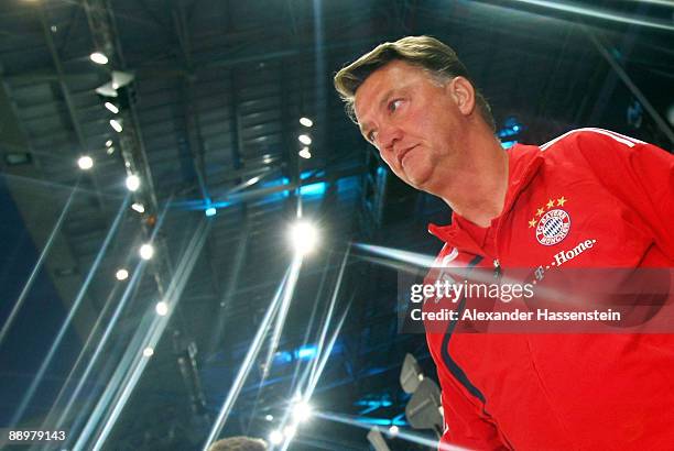 Louis van Gaal, head coach of Muenchen, looks on prior to the pre-season friendly match between Red Bull Salzburg and FC Bayern Muenchen at the Red...