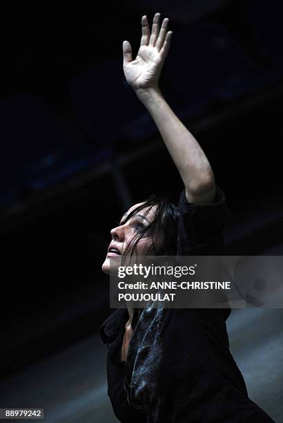 French Cecile Garcia-Fogel acting as Antignone performs a scene of the play "Sous l'oeil d'Oedipe" adapted from Sophocles and Euripides and directed...