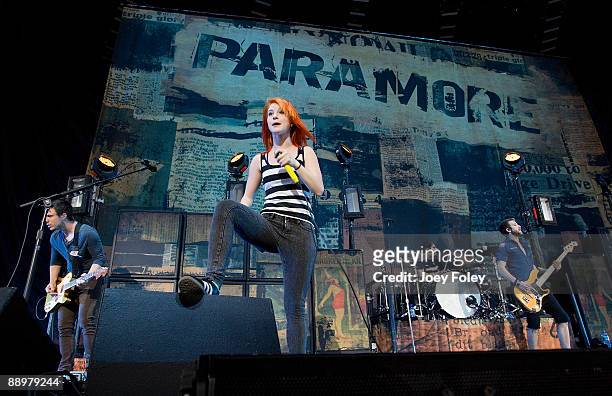 Josh Farro,Hayley Williams,Zac Farro and Jeremy Davis of Paramore perform in concert at the Verizon Wireless Music Center on July 10, 2009 in...