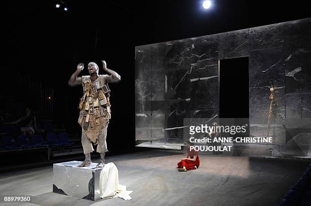 French Hedi Tillette de Clermont-Tonnerre and Sabrina Kouroughli respectively as Tiresias and Ismene, perform a scene of the play "Sous l'oeil...