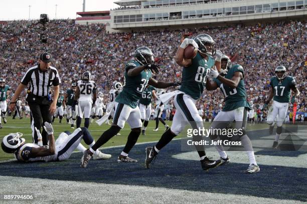 Trey Burton of the Philadelphia Eagles celebrates after scoring a touchdown during the second quarter of the game against the Los Angeles Rams at the...