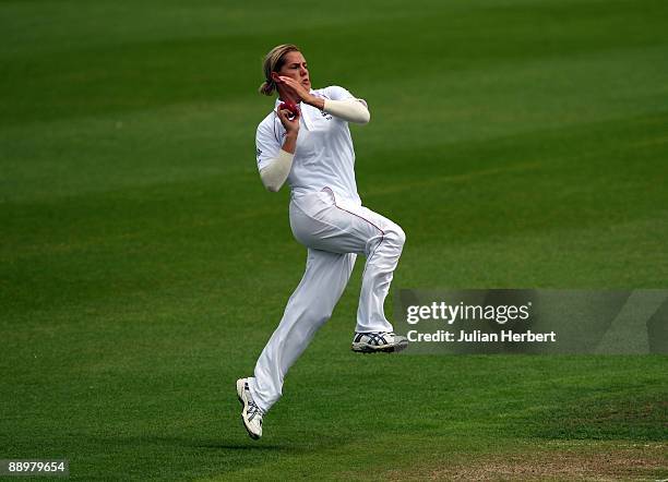 Katherine Brunt of England bowls during The 2nd Day of The 1st Test between England Women and Australia Women at New Road on July 11, 2009 in...