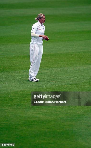 Katherine Brunt of England bowls during The 2nd Day of The 1st Test between England Women and Australia Women at New Road on July 11, 2009 in...