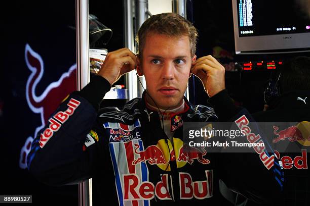 Sebastian Vettel of Germany and Red Bull Racing prepares to drive during qualifying for the German Formula One Grand Prix at Nurburgring on July 11,...