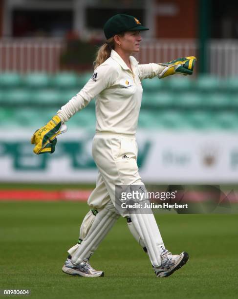 Jodie Fields, The Australian Captain and Wicket Keeper, sets a field during The 2nd Day of The 1st Test between England Women and Australia Women at...