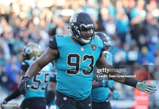 Calais Campbell of the Jacksonville Jaguars celebrates after a play during the first half of their game against the Seattle Seahawks at EverBank...