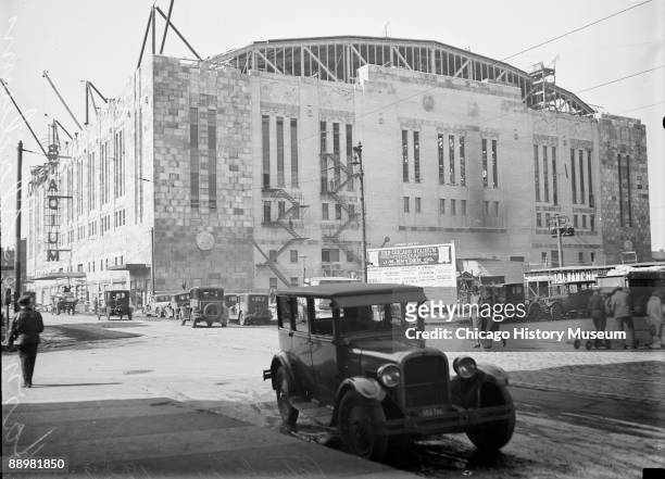 View of the Chicago Stadium, located at 1800 West Madison Street in the Near West Side community area of Chicago, Illinois, viewed at an angle from...