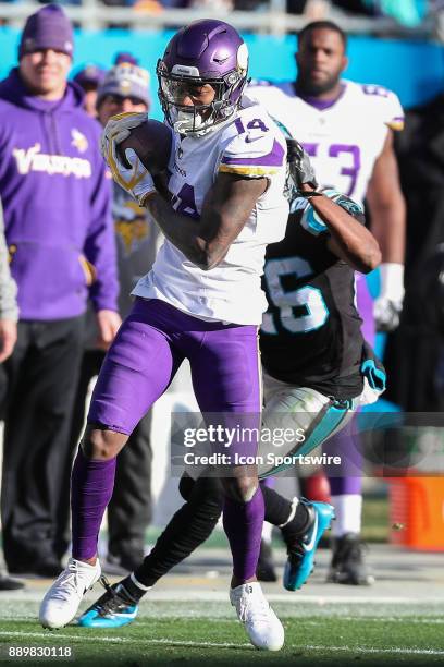 Minnesota Vikings wide receiver Stefon Diggs makes a catch covered by Carolina Panthers cornerback Daryl Worley during the second half on December...