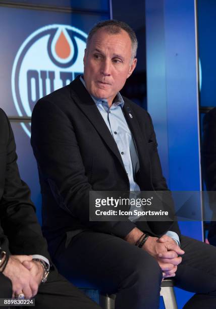 Former Edmonton Oiler Paul Coffey addresses the media during a press conference before a game between the Edmonton Oilers and the Toronto Maple Leafs...